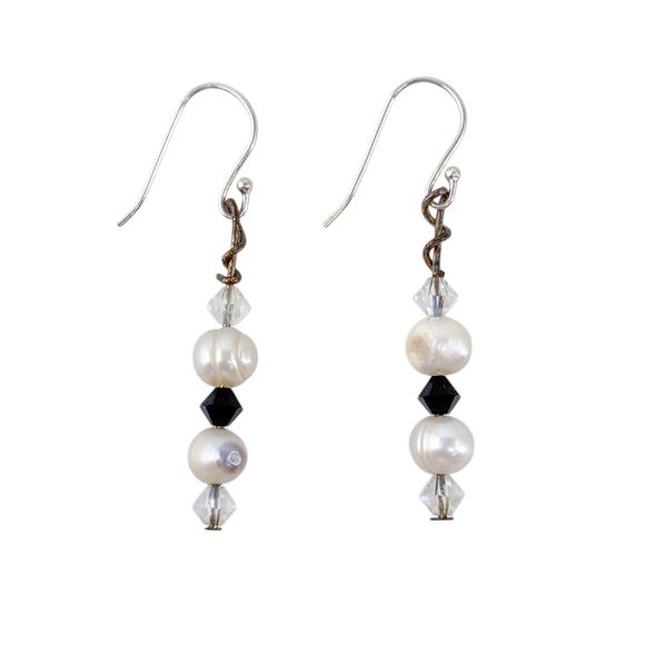 Estate Silver-Tone White Pearl Crystal Dangle Earrings - Picture 3 of 6